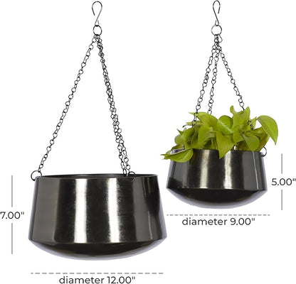 Deco 79 Metal Indoor Outdoor Wall Planter Indoor Outdoor Hanging Dome Hanging Planter with Chain, Set of 2 Plant Hanger 5", 7"H, Black