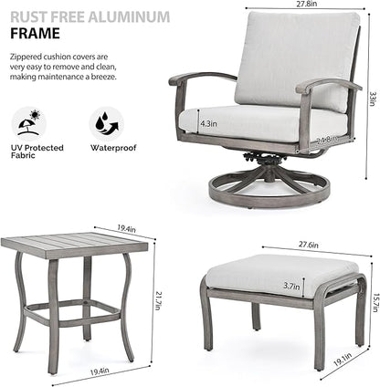 HAPPATIO 5 Piece Aluminum Outdoor Patio Furniture Set, Swivel Rocker Patio Chairs with Ottomans and Side Table, Balcony Furniture, Patio Conversation Set for Porch Garden (Gray)