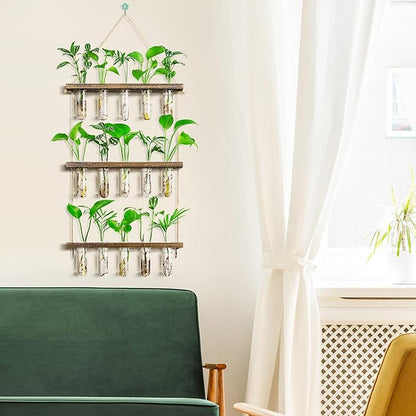 Monsiter QE 3 Tier Large Propagation Stations Wall Hanging Plant Terrarium with Wooden Stand, Retro Propagation Test Tube for Hydroponic Plants Cutting Flower, Propagator Home Office Patio Decor Gifts