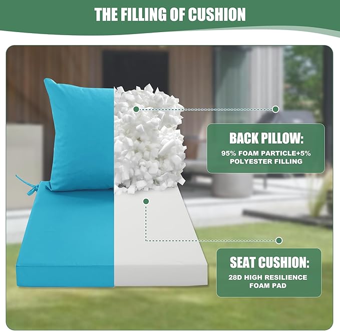 Outdoor Backrest and Deep Seat Cushion Set, Waterproof Fade Resistant Patio Chair Furniture Cushion with Removable Cover, 22 x 22 Inch, Teal, 1 Set