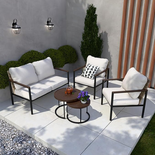 COOS BAY Sand Dune 5 Piece Wicker Patio Furniture Set, Rattan Outdoor Furniture with Nesting Tables, Chairs, Loveseat, and Coffee Tables, Brown/Beige