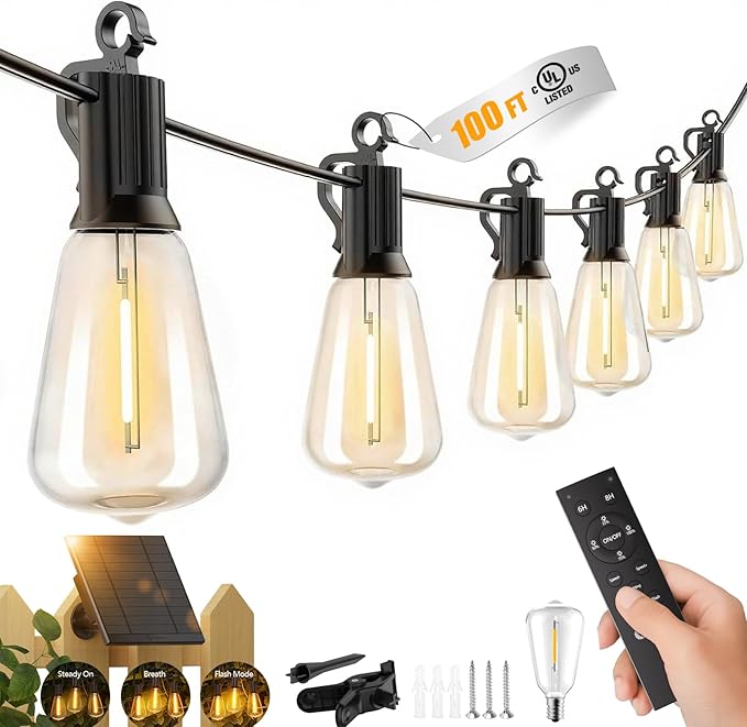 Brightown 100FT Solar String Lights Outdoor Waterproof with Remote, 31+1 LED Shatterproof Bulbs, Dimmable & Timable, 3 Light Modes - Commercial Grade Patio Lights for Garden Backyard Party Decor