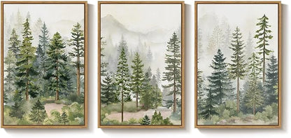 Large Framed Green Forest Landscape Wall Art for Living Room, 3 Piece Nature Pine Tree Woodland Artwork for Walls, White Foggy Mountain Modern Nordic Scenic Bedroom Office Print Wall Decor, 24x36 Inch