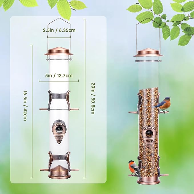 MIXXIDEA 1PK Metal Wild Bird Feeder,Squirrel Proof Bird Feeders for Outside,Hanging 6 Port Tube Bird Feeder,Finch Bird Feeder for Attracting Birds in Your Lawn, Garden, Balcony-Antique Copper