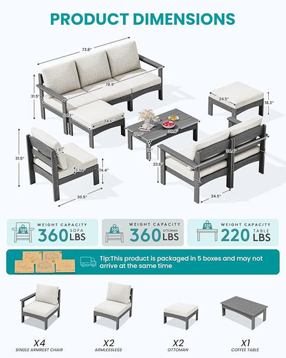 SERWALL 9 Pieces Patio Sofas, All-Weather HDPE Outdoor Sectional Sofa with Cushions and Coffee Table, Extra-Large Modular Conversation Set for Patio, Garden, Deck, Grey Frame with Khaki Cushion