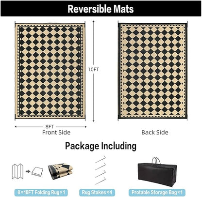 HUGEAR Outdoor Rug for Patios Clearance,Waterproof Mat,Large Outside Carpet,Reversible Plastic Straw Camping Rugs,Rv,Porch,Deck,Camper,Balcony,Backyard (8x10,Checkered/Black&Beige)