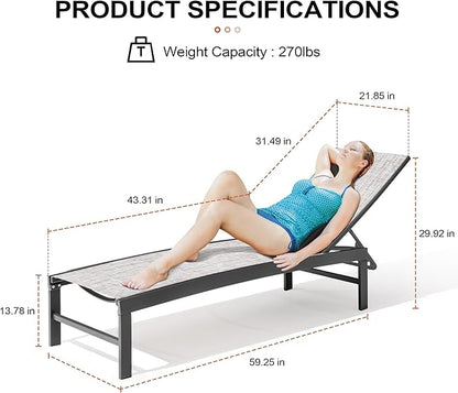 Crestlive Products Outdoor Aluminum Pool Chaise Lounge Chairs, Adjustable Five-Position Tanning Recliner, All Weather for Patio, Beach, Yard, Pool (1PC Grey Black)