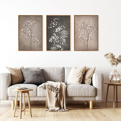 FWIEXA Neutral Floral Wall Art of 3, Framed Beige Botanical Canvas Prints, Minimalist Wildflower Wall Decor, Large Modern Plant Painting, 24x36 Inches Artwork for Living Room, Bedroom, Office, Home