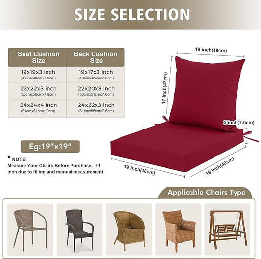 24x24 Inch Outdoor Cushions for Patio Furniture, Waterproof Outdoor Chair Cushions w/Fade-Resistant, Removable & Machine-Washable Covers, Deep Seat Sofa/Couch Pad Replacement – Set of 1/2/4, Burgundy