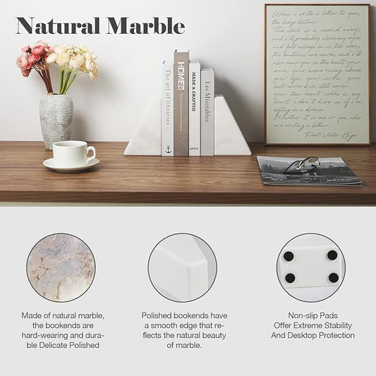 Karibiber Marble Book Ends Decorative, Unique Bookends for Shelves, White Stone Bookends Holds Heavy Books, Weighted Book Holder Stopper for Home Office Desk Bookshelf Decoration, Set of 2