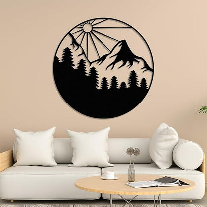 Sunlit Mountain Forest Landscape Metal Wall Art, Round Nature-Inspired Decor for Living Room, Bedroom, Patio, or Outdoor Spaces, Minimalist Pine Tree and Mountain Scenery Design, Rustic Home Accent for Nature Lovers (18 x 18 inches)