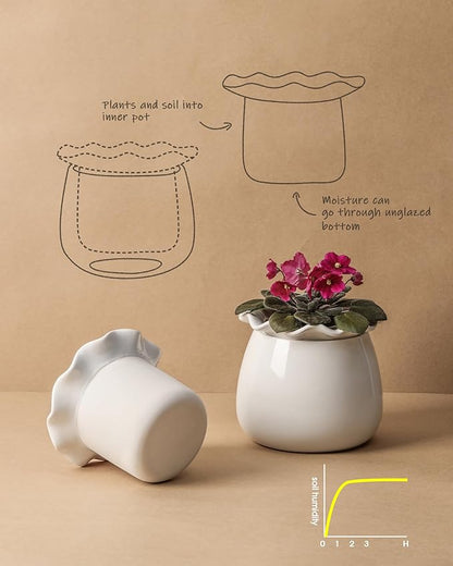 Fayoula Self Watering Plant Pot, 6 Inch African Violet Pots Maintenance, Ceramic Self-Watering Planter for Indoor Plants - Ideal Flower Pot for Thriving Indoor Gardens, White
