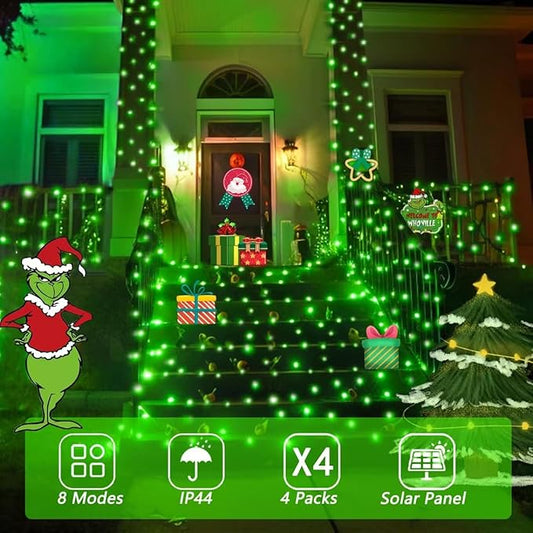 YEGUO 4 Pack Green Solar Fairy Lights, Each 33ft 100 LED Christmas Lights Outdoor Waterproof, 8 Modes Sliver Wire Solar String Lights