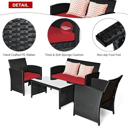 COSTWAY 4 Pieces Patio Rattan Furniture Set, Outdoor Wicker Conversation Set with Soft Cushions & Tempered Glass Coffee Table, Cushioned Chair Sofa for Backyard, Porch, Poolside, Lawn, Garden, Red