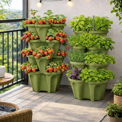 Strawberry Planter Tower, 4 Tier Stackable Vertical Planter, 28 Plant Sites, Space Saving Garden Planter, Indoor Outdoor, Made in USA (4, Sagebrush Green, Small)