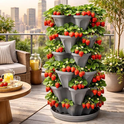 5-Tier Stackable Strawberry Garden – 24 Quart Indoor / Outdoor Stacking Planter with Drip Saucer – Grow Herbs, Strawberries, and Flowers from The Kitchen or Backyard – Plant and Stack! Easy Gardening