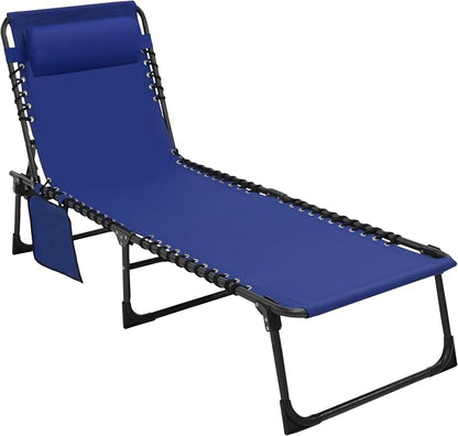 MUPATER 4-Fold Patio Chaise Lounge Chair for Outdoor with Detachable Pocket and Pillow, Portable Sun Lounger Recliner for Beach, Camping and Pool, Blue