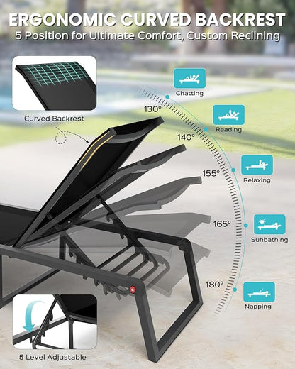Aluminum Chaise Lounge Chair Outdoor, Foldable& No Assembly Patio Pool Lounge Chairs 5-Position Recliner for Outside, Fully Grounded Legs Sun Lounger for Poolside, 4 Packs, Black