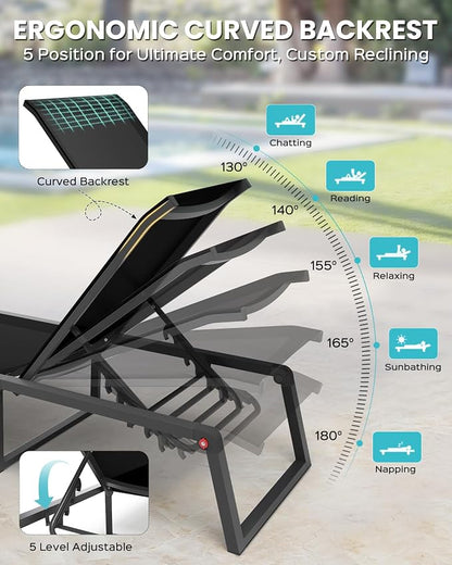 Aluminum Chaise Lounge Chair Outdoor, Foldable& No Assembly Pool Lounge Chairs 5-Position Recliner for Outside, Fully Grounded Legs Patio Lounger for Poolside, Black, 2 Pack