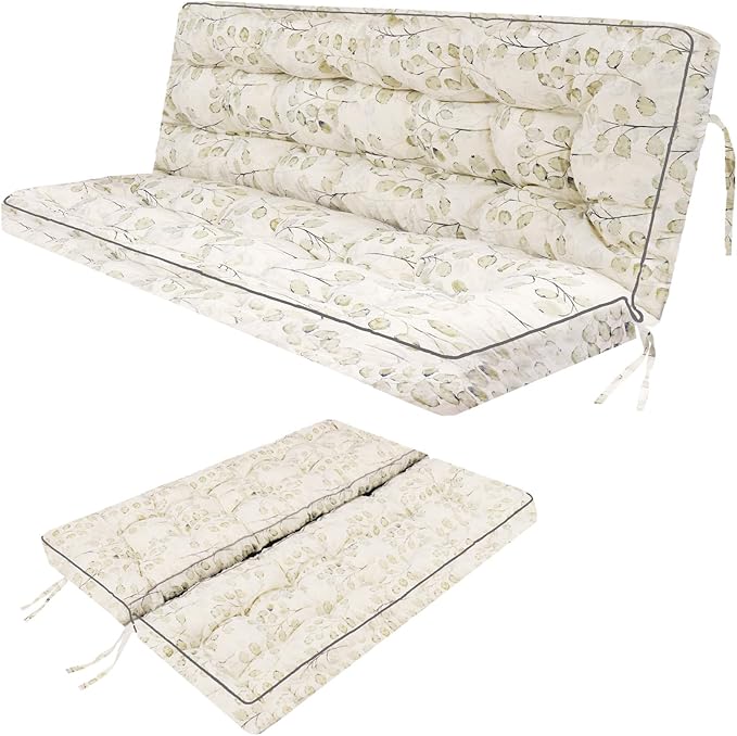 Swing Replacement Seat Cushions, 2-3 Seater Bench Cushions for Outdoor Furnitur with Backrest, Garden Recliner Seat Cushions Waterproof Sofa Pads (White Leaves, 63x40in)