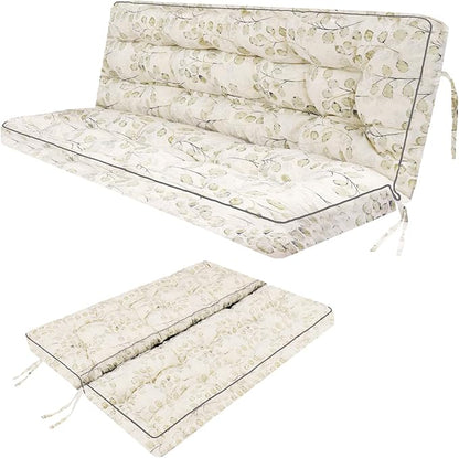 Swing Replacement Seat Cushions, 2-3 Seater Bench Cushions for Outdoor Furnitur with Backrest, Garden Recliner Seat Cushions Waterproof Sofa Pads (White Leaves, 63x40in)