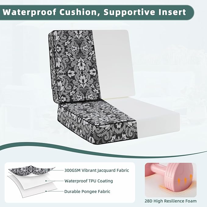 Favoyard Deep Seat Patio Cushion 22 x 22 x 3 in Waterproof Seat & Back Cushion Set with Color Fade Resisitant Pattern, Portable Handle, Attach Straps, Zipper on Removable Cover for Outdoor Furniture