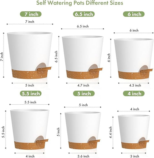 WSMKSZ 7/6.5/6/5.5/5/4 inch Self Watering Pots for Indoor Outdoor Plants, 6 Pack Plastic Flower Planters with Drainage Holes and Removable Saucers, Plant Pots with Wicking Rope, White Brown