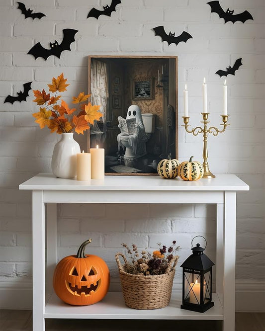 InSimSea Framed Canvas Prints Art Vintage Decor, Ghost on Toilet Bathroom Painting, Rustic Dark Academia Wall Art, Halloween Living Room Witchy Room Wall Cottagecore Decor, 12x16inch