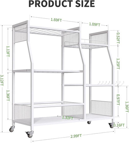 HOTEAGLE Yard Tool Organizer for Garage 35.4" Width High Stability Outdoor Metal Utility Rolling Cart with Mute Wheels, 18.5mm Thick Rods Ideal Garden Tool Rack, Easy to Clean,White