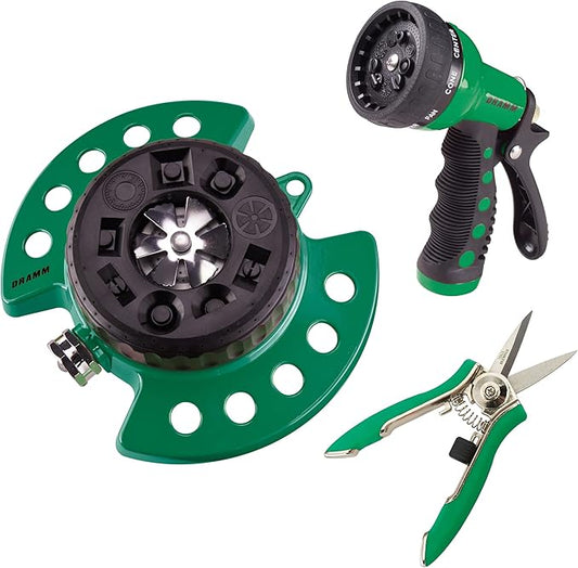 DRAMM Watering and Tool Set In Green Includes 9-Pattern Revolver Spray Gun, 9-Pattern ColorStorm Turret Sprinkler, and ColorPoint Compact Shear