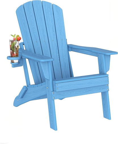 Plawdlik Folding Adirondack Chair Set of 2 with Cup Holder,Heavy All-Weather,Wooden Textured,HDPE Outdoor Chairs, Patio Backyard Fire Pit, Light Blue