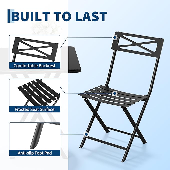 Outdoor Square Bistro Set 3 Piece, Black Iron Tube Patio Furniture Set with Square Table & 2 Chairs, Foldable Steel Backyard Deck Porch Garden , Space Saving Outdoor Dining Set for Small Spaces