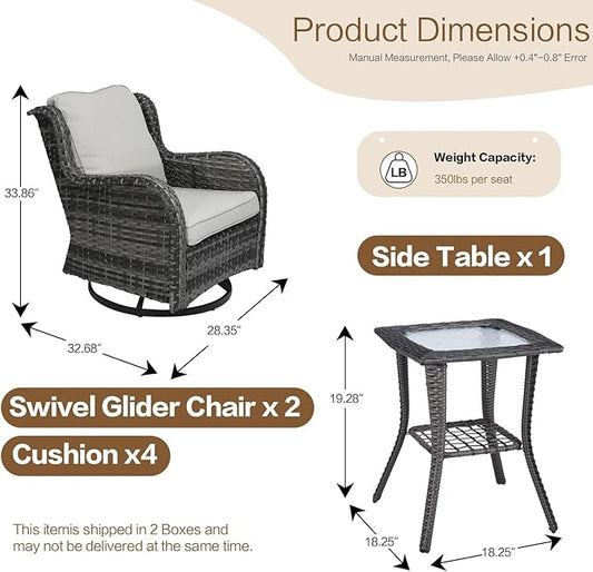 3 Pieces Patio Furniture Conversation Set PE Rattan Wicker Outdoor Swivel Glider Rocker Chairs of 2, Soft Thick Washable Cushion Side Coffee Table for Yard Backyard Deck Porch (Grey/Beige)