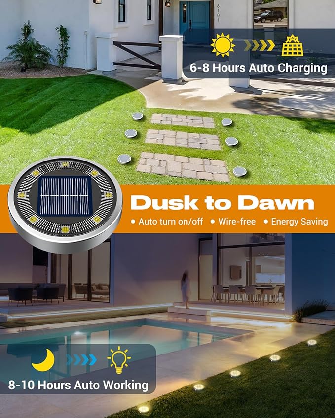 btfarm 10 Pack Solar Lights Outdoor, 8 LED Solar Ground Lights IP65 Waterproof Flat Solar Disc Light, Pathway Lights for Garden Lawn Patio Yard Path Landscape, Warm White