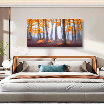 Orange Maple Leaf Tree Canvas Wall Art for Living room Office Bedroom Mist Forest Wall Art Print Paintings Modern Nature Autumn Landscape Pictures Wall Decor Artwork Ready to Hang - 20in * 40inch