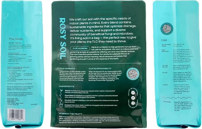 Rosy Soil Houseplant Potting Soil, Organic Indoor Potting Mix with Biochar and Worm Castings for Monstera, Pothos, Tropical Indoor Plants - Peat Free - 8qt
