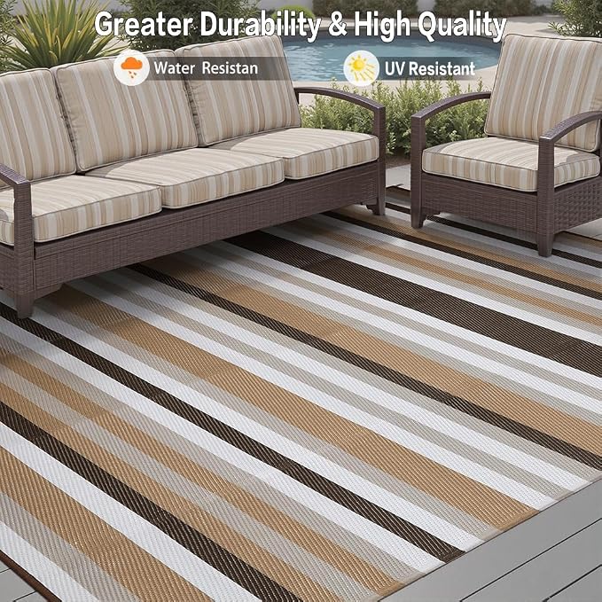 HUGEAR Outdoor Waterproof Rug 9'x12' Plastic Straw Rugs Washable Reversible Floor Mat Brown Stripe Carpet for Camping RV Deck Entryance Porch Picnic Balcony Beach Backyard