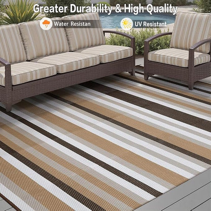 HUGEAR Outdoor Waterproof Rug 5'x8' Plastic Straw Rugs Washable Reversible Floor Mat Brown Stripe Carpet for Camping RV Deck Entryance Porch Picnic Balcony Beach Backyard