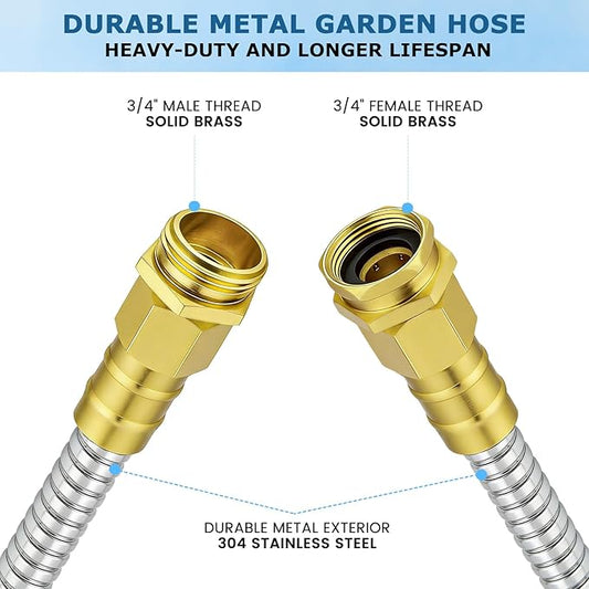 Short Stainless Steel Metal Garden Hose 5 ft, 3/4" Female to Male Solid Brass Connector, Small Leader Hose for Hose Reel, Durable, Flexible, Lightweight, Outdoor Water Hose Extension Adapter