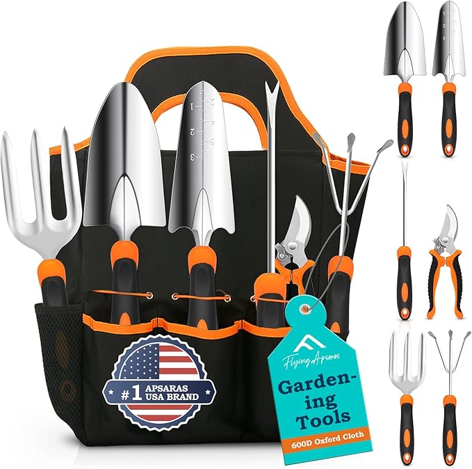 APSARAS USA Gardening Tool Set,Stainless Steel Heavy Duty Gardening Tools, Garden Tool Set with Non-Slip Rubber Grip,600D Oxford Cloth Storage Tote Bag, Perfect Garden Tools Gifts for Father