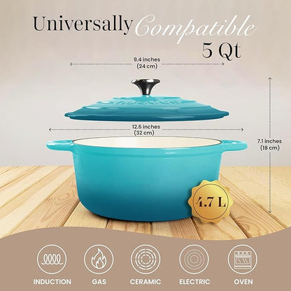 Cast Iron Dutch Oven with Lid - Non-Stick Ovenproof Enamelled Casserole Pot - Sturdy Dutch Oven Cookware - Teal, 5- Quart, 24cm- by Nuovva