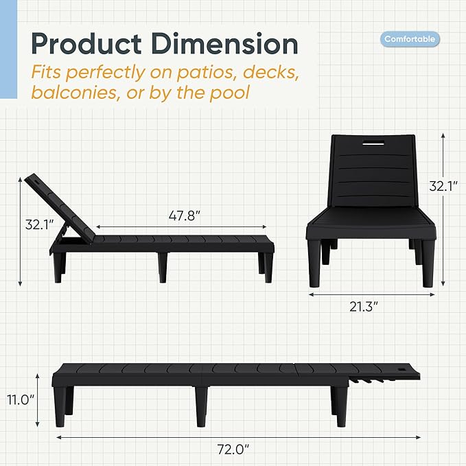 Greesum Outdoor Chaise Lounge Chairs Set of 2 with 5-Position Adjustable Backrest, Waterproof PP Sun Loungers for Garden Pool Beach Patio Deck Sunbathing, Black