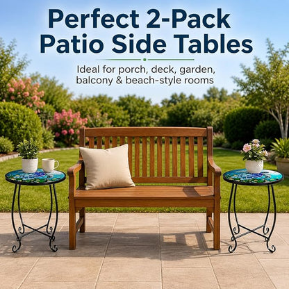 2-Pack 15 Inch Tall Mosaic Patio Side Tables Style, Metal Folding Turtle Table Set, Shatterproof Outdoor Patio Table for Porch Deck, Rust Resistant Small Garden Table (Set of 2)