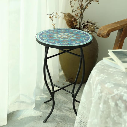 VCUTEKA Mosaic Outdoor Side Table, 14" Round Small Patio Accent Table Indoor End Table for Yard, Garden, Living Room, Bistro Balcony or Lawn