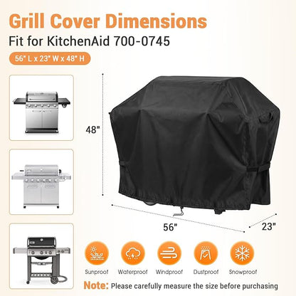 BBQ Grill Cover for Kitchenaid 4-Burner Gas Grill Models 720-0745, Waterproof 600D Outdoor Propane Barbecue Covers Smoker Covers- 56" L x 23" W x 48" H