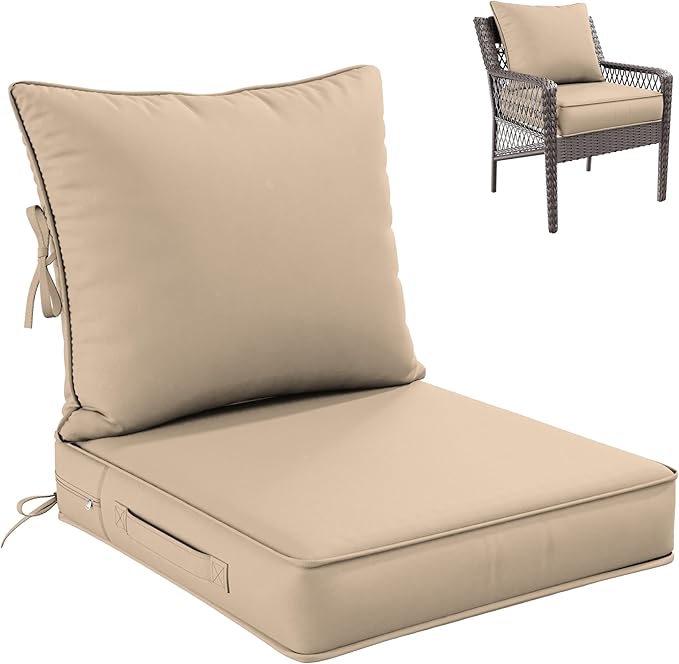 Premium Outdoor Seat Cushion Chair Cushions for Patio Furniture 22 L X 24 W X 4 H Waterproof & Fade Resistant Deep Seat and Backrest Cushion Set with Removable Covers for Chair, Sofa