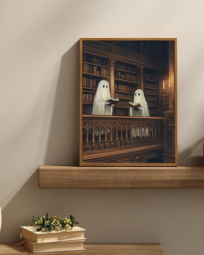 InSimSea Framed Canvas Prints Art Vintage Decor, Cute Reading Ghosts Library Painting, Moody Spooky Dark Academia Wall Art for Bathroom, Halloween Witchy Room Wall Cottagecore Decor, 12x16inch