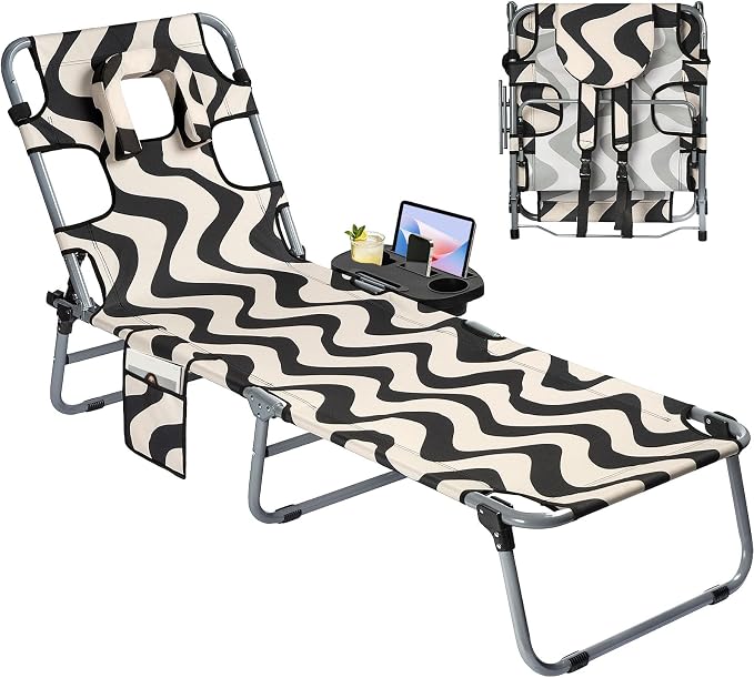 Tanning Chair with Face Hole for Adults, Outdoor Folding Lounge Chair with Side Table for Phone Drinks and Tablet, 4 Position Adjustable Backrest, Lay Flat Chaise Lounger for Beach Patio Pool