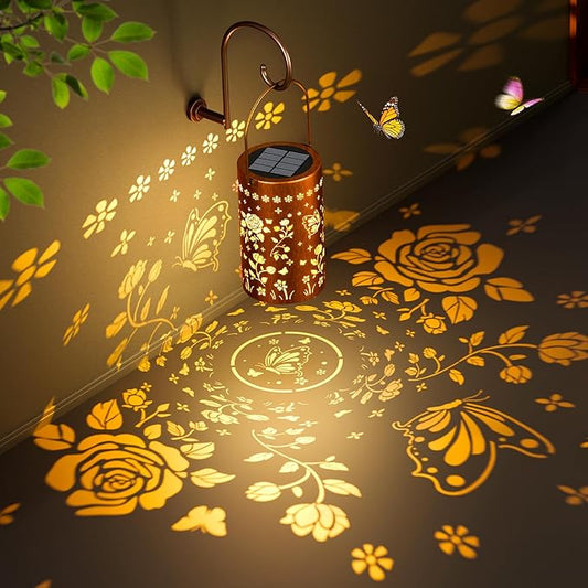 Butterfly Rose Solar Lanterns Outdoor: 1 Pack Hanging Metal LED Garden Lights Waterproof for Yard Patio Backyard - Unique Birthday Christmas Gifts for Women Mom Grandma