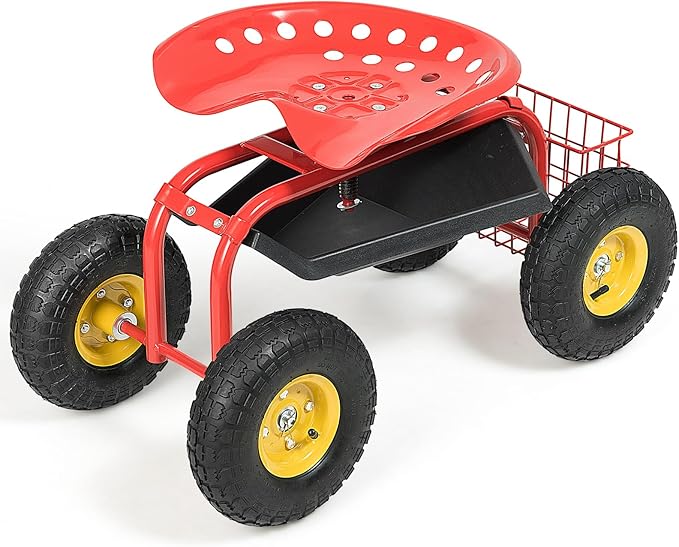 Goplus Garden Seat with Wheels, Rolling Garden Cart with Adjustable 360° Swivel Seat, Tool Tray, Basket for Lawn, Yard, Patio, Heavy Duty Gardening Stool, Outdoor Wagon Scooter for Seniors